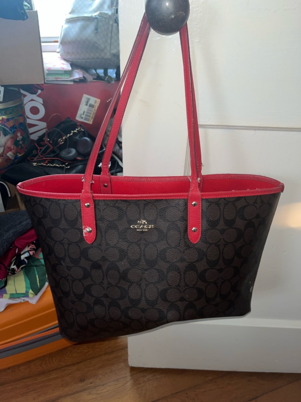 Coach Red Saffiano Leather Tote with Gold Logo Hardware & RED REVERSIBLE!!! - Picture 6 of 7